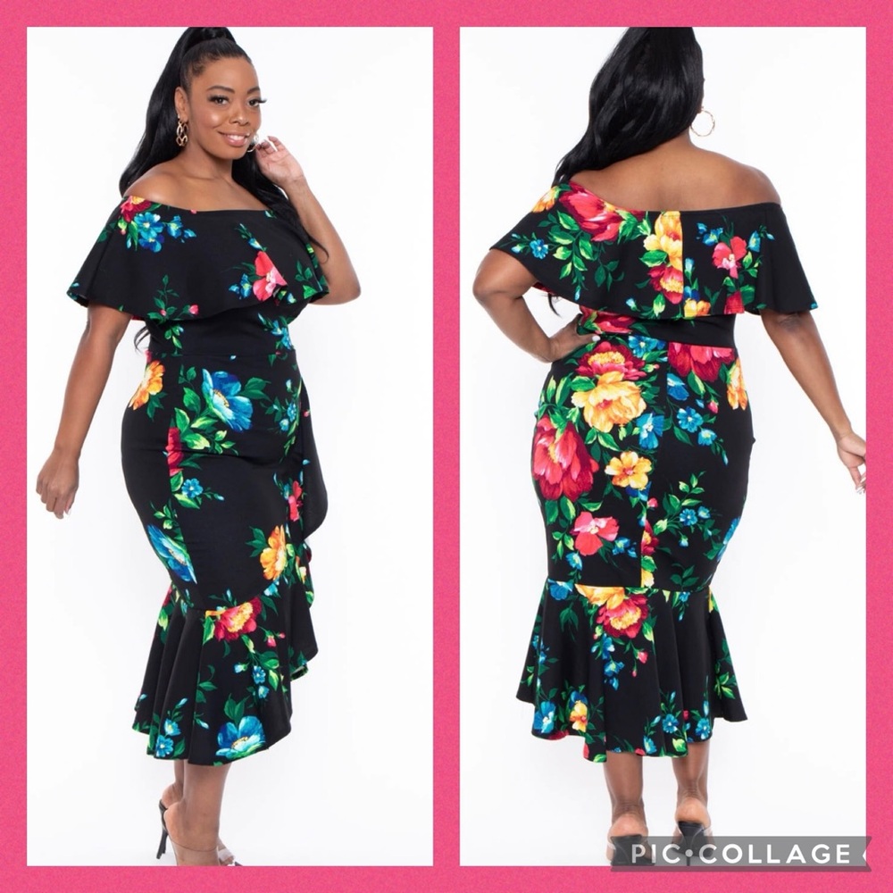 CurveySense Floral Off-Shoulder Black Dress with Ruffle.. Super Cute